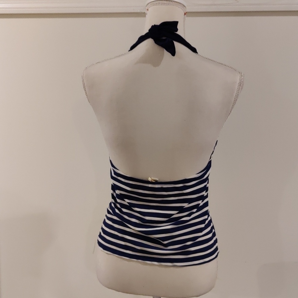 Us Polo Navy & White Striped Halter Tankini Swim Top Yellow Trim Y2K Nautical - Picture 3 of 7
